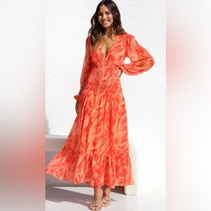 All About May Orange Smocked Bodice Long Sleeve Maxi Dress, Size 6